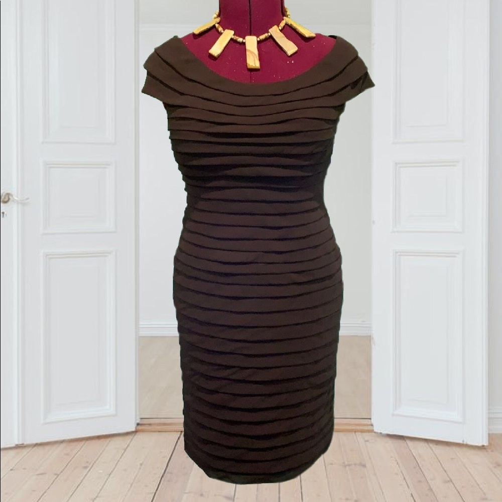 🔥 Adrianna Papell Brown Tiered Ruffled Cocktail Sleeveless Midi Dress Womens 14 - Picture 1 of 7
